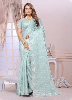 Organza Aqua Blue Trendy Saree