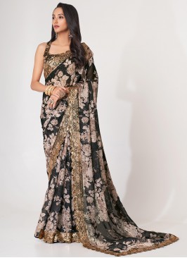 Organza Black Embroidered Contemporary Saree