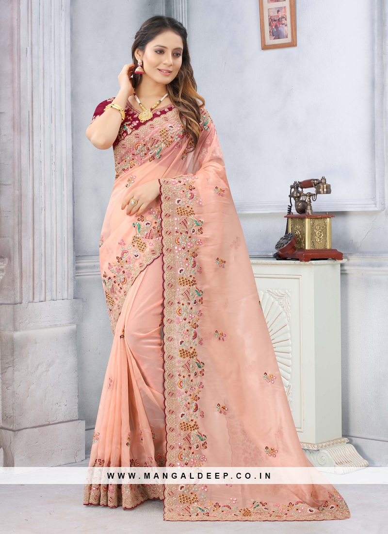 Saree Mall Peach Woven Saree With Unstitched Blouse