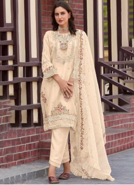Organza Cream Khatli Work Designer Pakistani Suit
