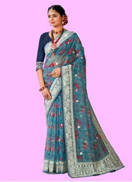 Organza Digital Print Blue Designer Saree