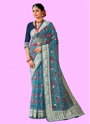 Organza Digital Print Blue Designer Saree