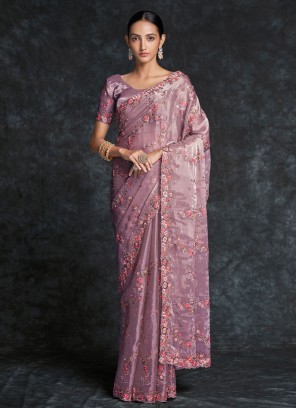 Organza Embroidered Lavender Traditional Saree