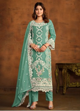 Organza Embroidered Pant Style Suit in Sea Green