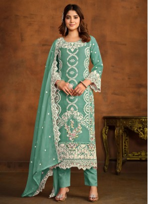 Organza Embroidered Pant Style Suit in Sea Green