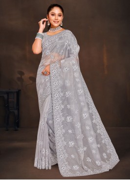 Organza Embroidered Saree in Grey