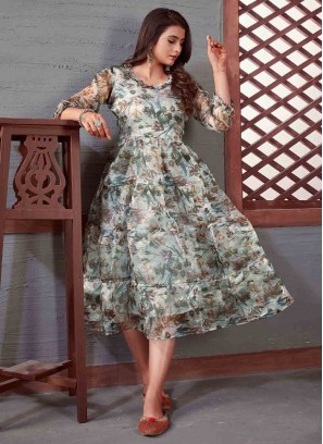 Organza Floral Print Party Wear Kurti in Grey