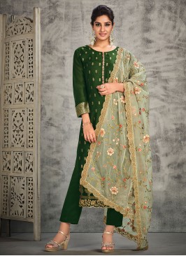 Organza Green Jacquard Work Pant Style Suit