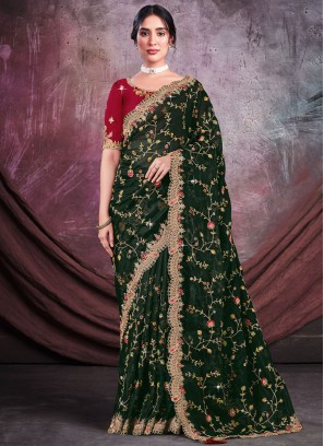 Organza Green Zari Saree
