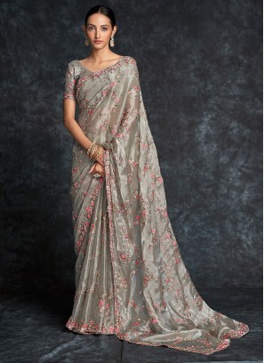 Organza Grey Embroidered Traditional Saree