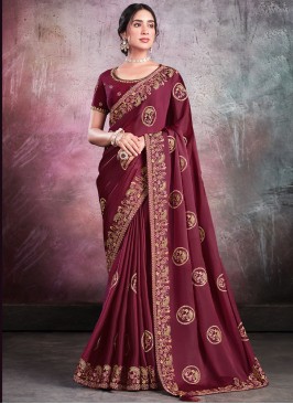 Organza Maroon Embroidered Traditional Saree