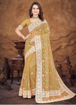 Organza Mustard Embroidered Saree