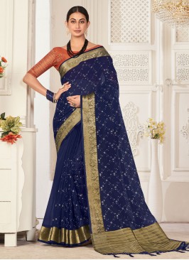 Organza Navy Blue Embroidered Trendy Saree