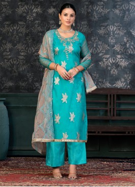 Organza Pant Style Suit in Aqua Blue