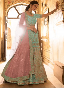 Organza Patch Border Lehenga Choli in Sea Green