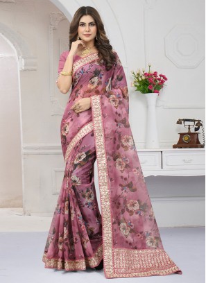 Organza Pink Embroidered Contemporary Style Saree