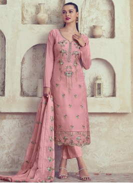 Organza Pink Embroidered Straight Salwar Suit