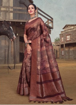 Organza Printed Maroon Traditional Saree