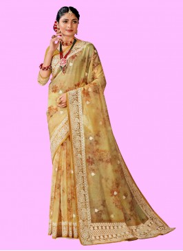 Organza Resham Contemporary Saree in Mustard