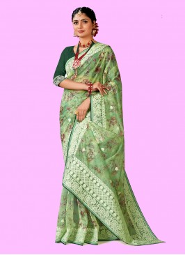 Organza Resham Trendy Saree in Green