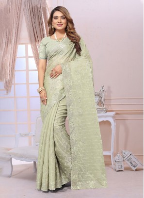 Organza Sequins Classic Saree in Green