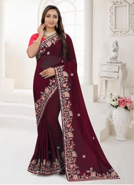 Organza Sequins Maroon Saree