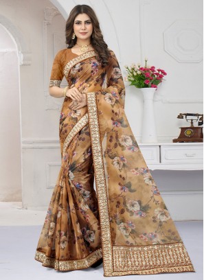 Organza Sequins Saree in Brown