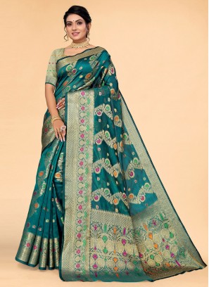 Organza Teal Contemporary Saree