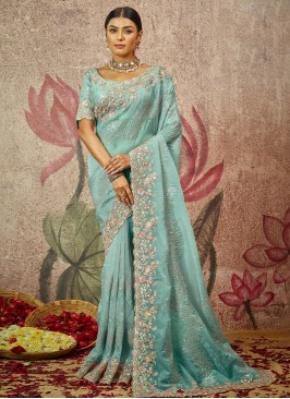 Organza Trendy Saree in Aqua Blue