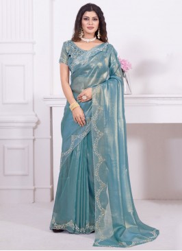 Organza Turquoise Contemporary Saree