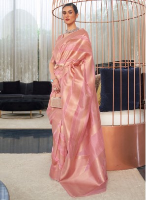 Organza Weaving Pink Contemporary Saree