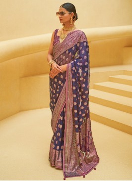 Organza Weaving Traditional Saree in Navy Blue