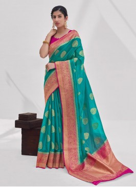 Organza Weaving Traditional Saree in Turquoise