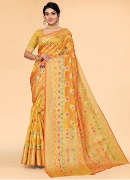 Organza Woven Contemporary Saree in Mustard