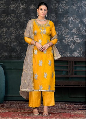 Organza Yellow Handwork Trendy Salwar Suit