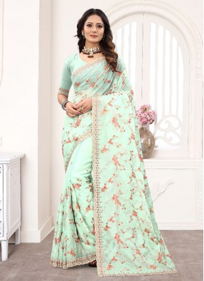 Organza Zari Contemporary Saree in Aqua Blue