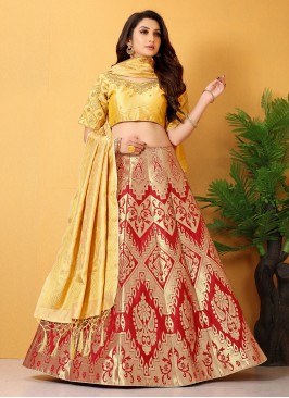 Orphic Banarasi Silk Red and Yellow Embroidered Lehenga Choli