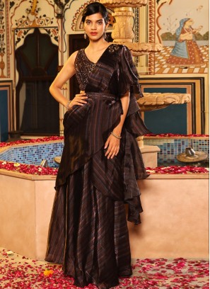Orphic Brown Printed Organza Classic Saree