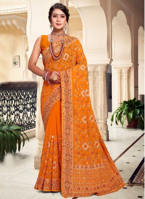 Orphic Georgette Yellow Embroidered Saree