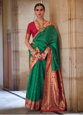 Orphic Weaving Silk Green Contemporary Saree