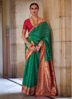 Orphic Weaving Silk Green Contemporary Saree