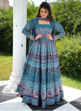 Outstanding Blue Chanderi Floor Length Designer Suit