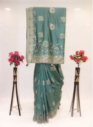 Outstanding Dark Green Banarasi Silk Saree For Mehendi