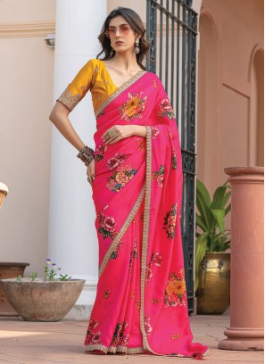 Outstanding Floral Print Viscose Pink Contemporary Saree