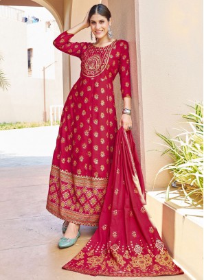 Outstanding Foil Print Hot Pink Rayon Trendy Gown