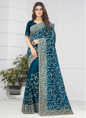 Outstanding Morpeach  Embroidered Georgette Designer Saree