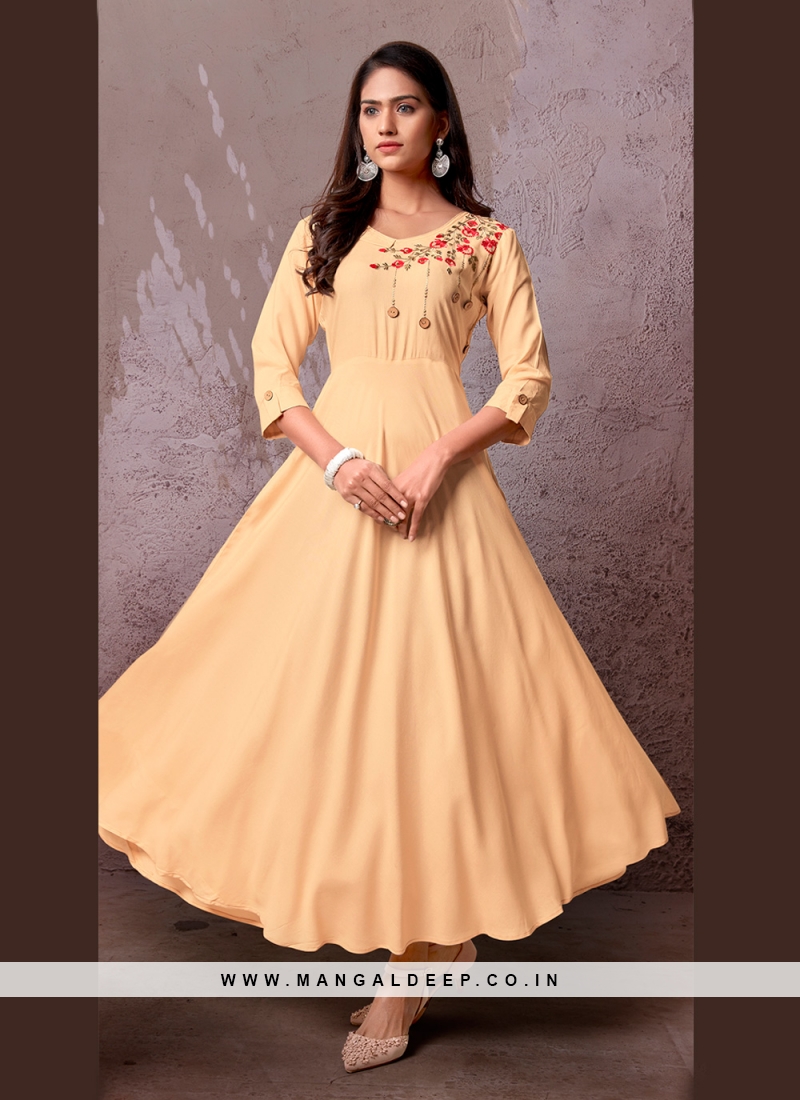 Outstanding Rayon Beige Embroidered Party Wear Kurti