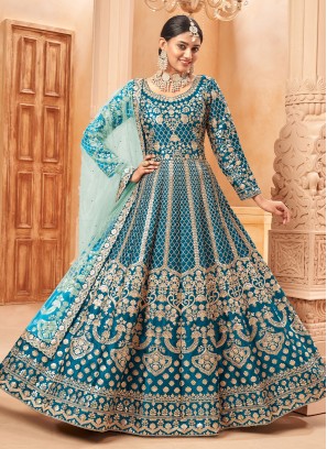 Pakistani Salwar Kameez Resham Art Silk in Teal