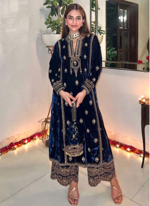 Pakistani Suit Embroidered Velvet in Navy Blue