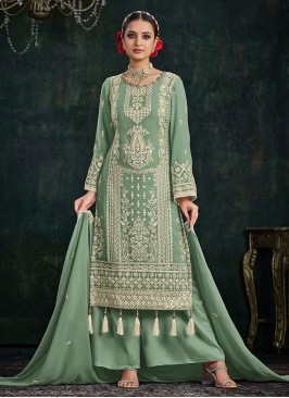 Palazzo Salwar Kameez Embroidered Faux Georgette in Green